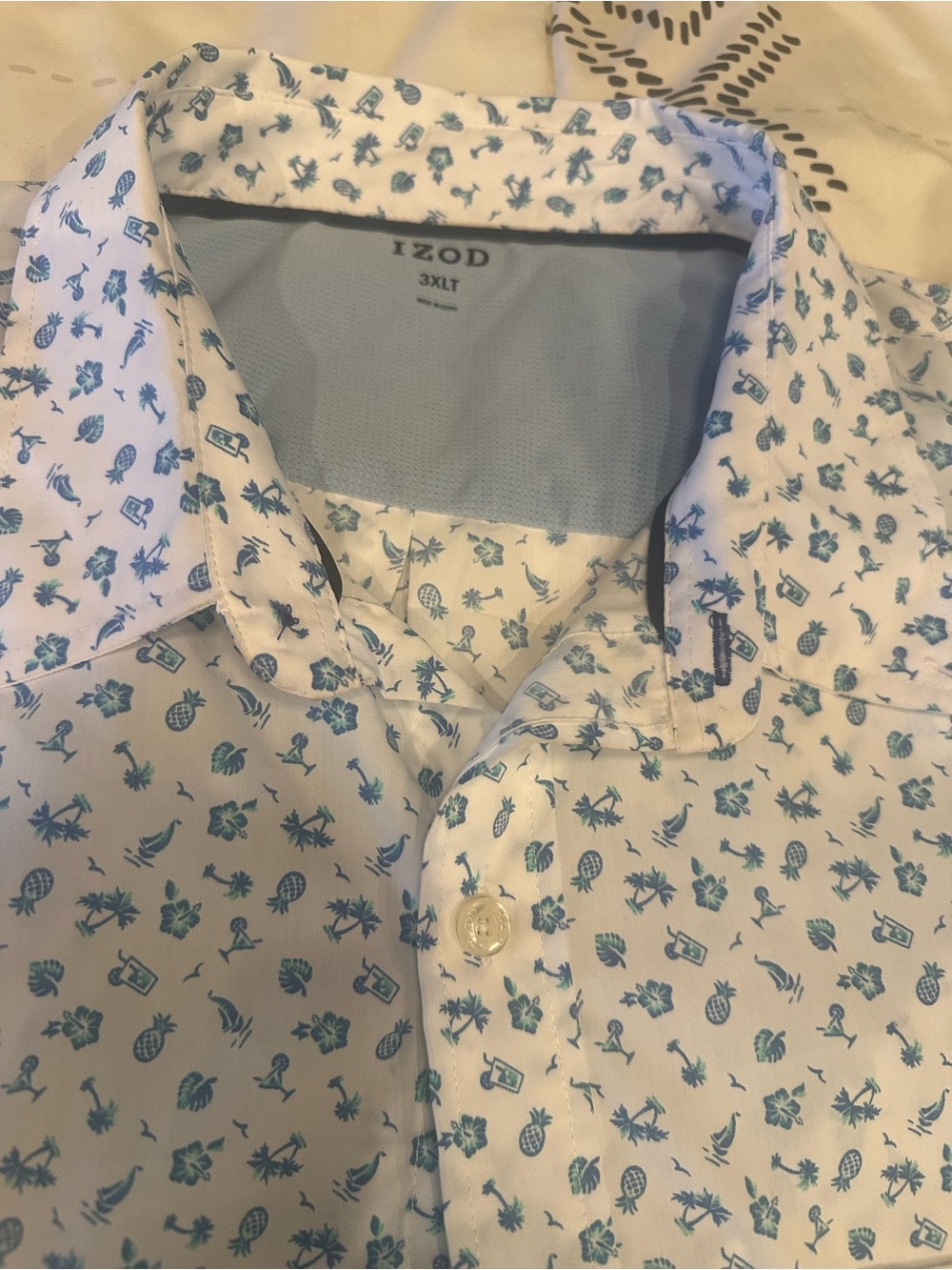 Izod White Button-Down Shirt with Blue Tropical Print